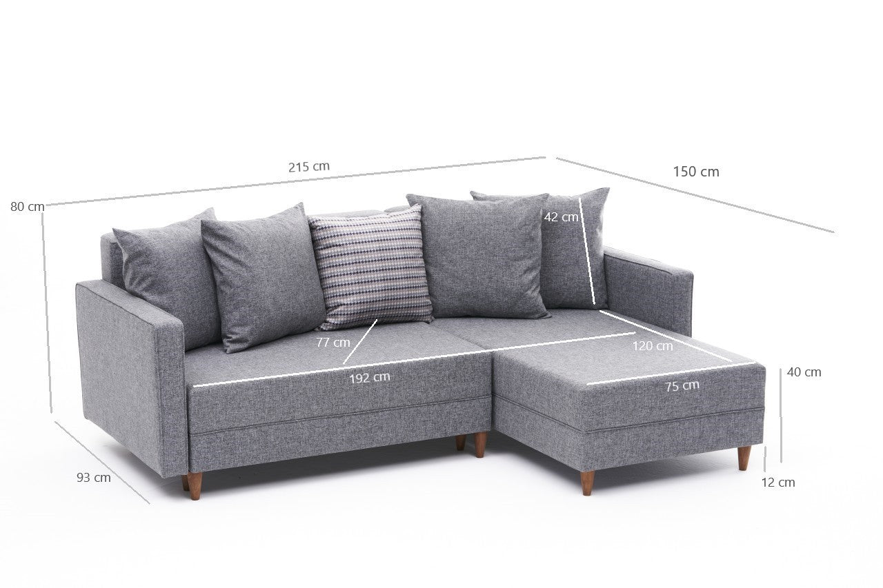 Sofá-cama de canto moderno, cinza, estrutura de madeira de faia, 215 cm | 100% poliéster, fácil de limpar, inclui almofadas | Perfeito para espaços de estar elegantes