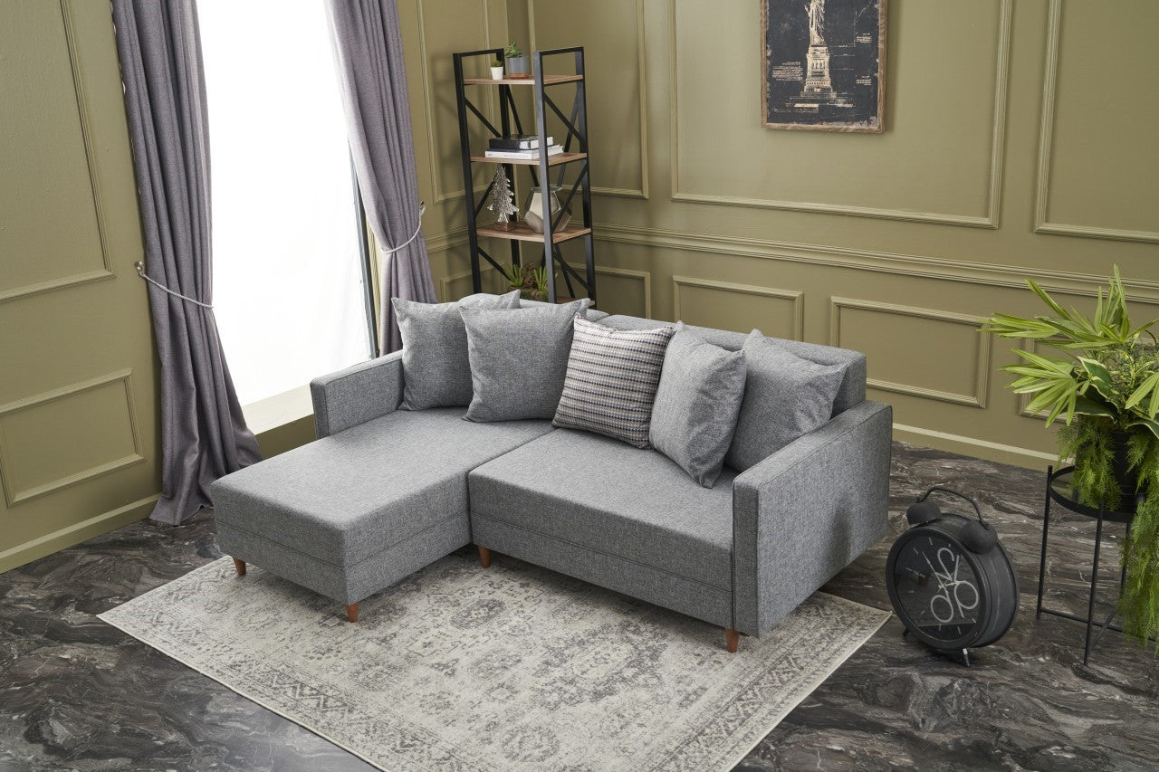 Sofá-cama de canto moderno, cinza, estrutura de madeira de faia, 215 cm | 100% poliéster, fácil de limpar, inclui almofadas | Perfeito para espaços de estar elegantes