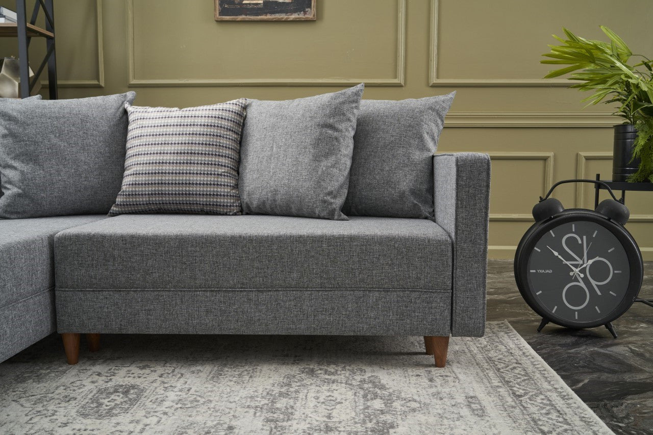 Sofá-cama de canto moderno, cinza, estrutura de madeira de faia, 215 cm | 100% poliéster, fácil de limpar, inclui almofadas | Perfeito para espaços de estar elegantes