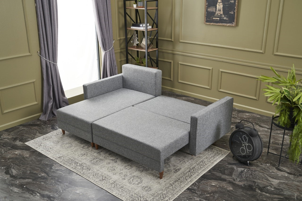 Sofá-cama de canto moderno, cinza, estrutura de madeira de faia, 215 cm | 100% poliéster, fácil de limpar, inclui almofadas | Perfeito para espaços de estar elegantes