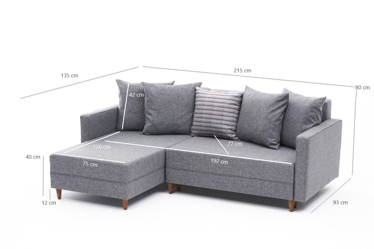 Sofá-cama de canto moderno, cinza, estrutura de madeira de faia, 215 cm | 100% poliéster, fácil de limpar, inclui almofadas | Perfeito para espaços de estar elegantes
