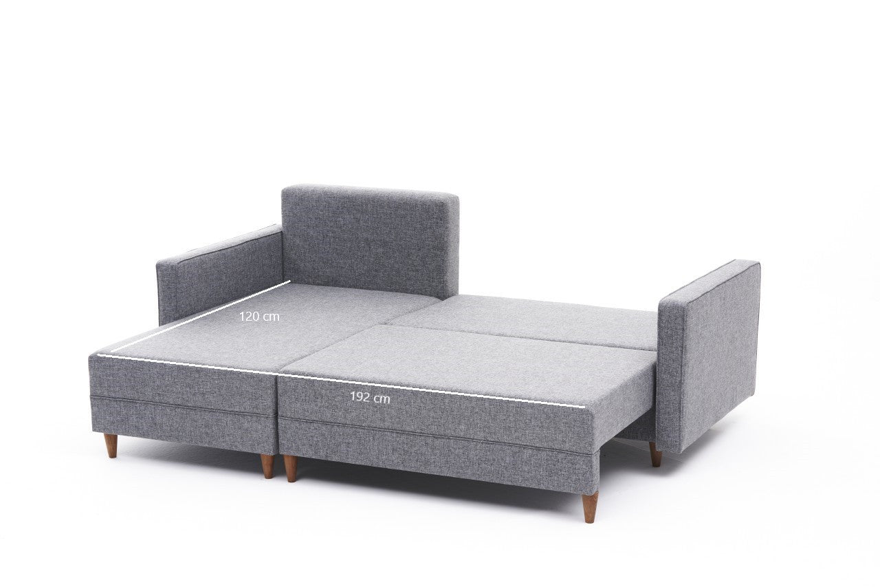 Sofá-cama de canto moderno, cinza, estrutura de madeira de faia, 215 cm | 100% poliéster, fácil de limpar, inclui almofadas | Perfeito para espaços de estar elegantes