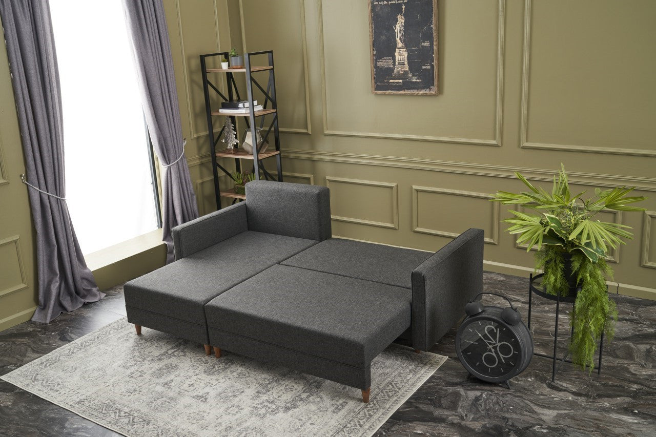 Sofá-cama de canto moderno, antracite, 215 x 150 x 80 cm | Estrutura em madeira de faia, 100% poliéster, fácil de limpar, inclui almofadas | Design escandinavo elegante