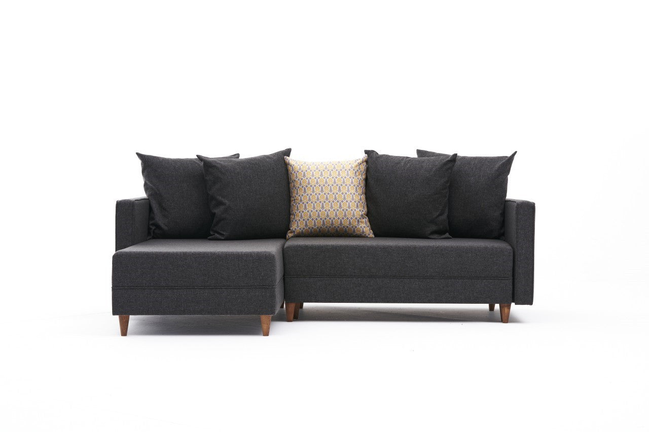 Sofá-cama de canto moderno, antracite, 215 x 150 x 80 cm | Estrutura em madeira de faia, 100% poliéster, fácil de limpar, inclui almofadas | Design escandinavo elegante