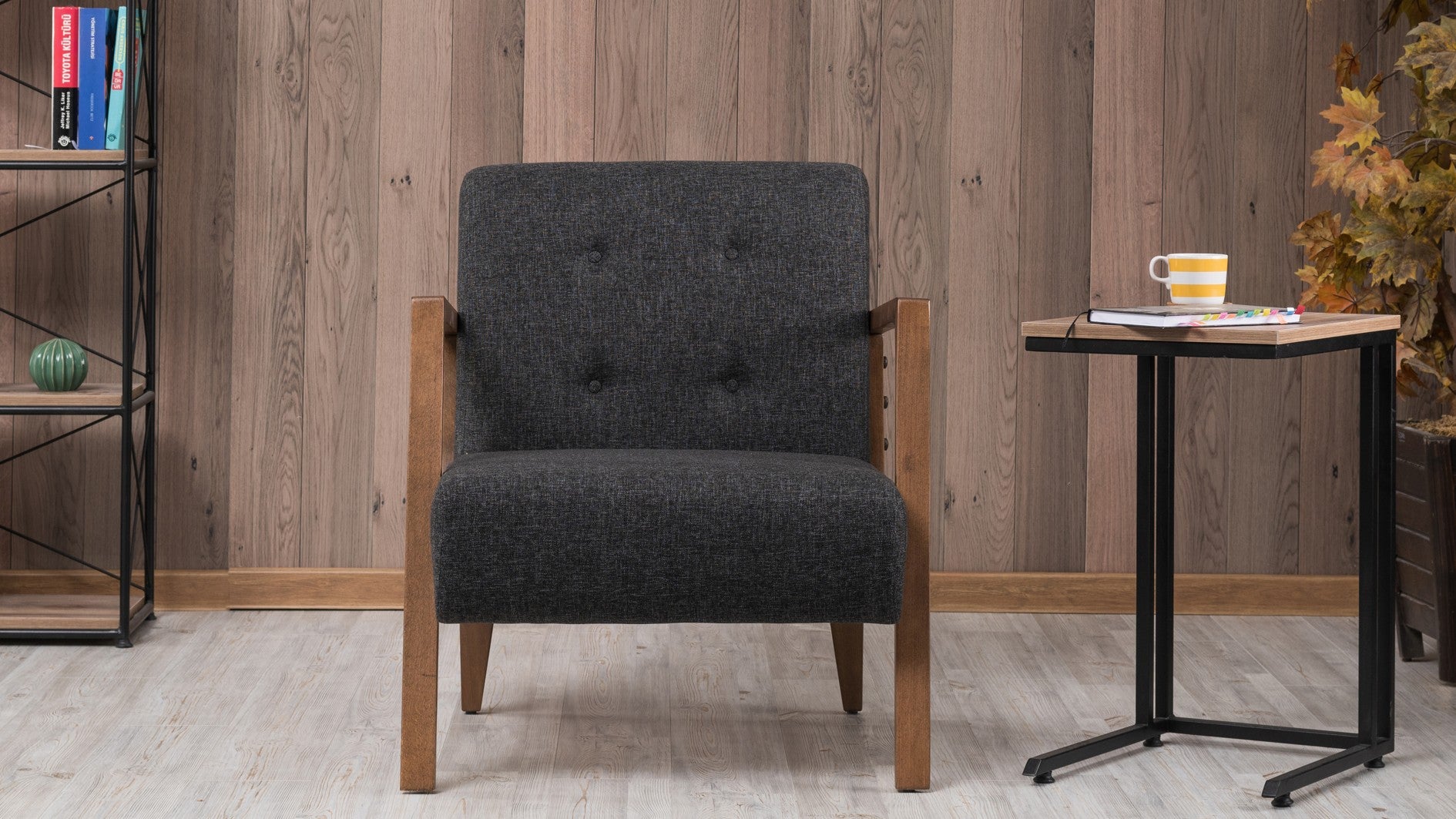 Poltrona moderna – 69x80x83 cm – Cinza escuro – Estrutura de madeira de faia