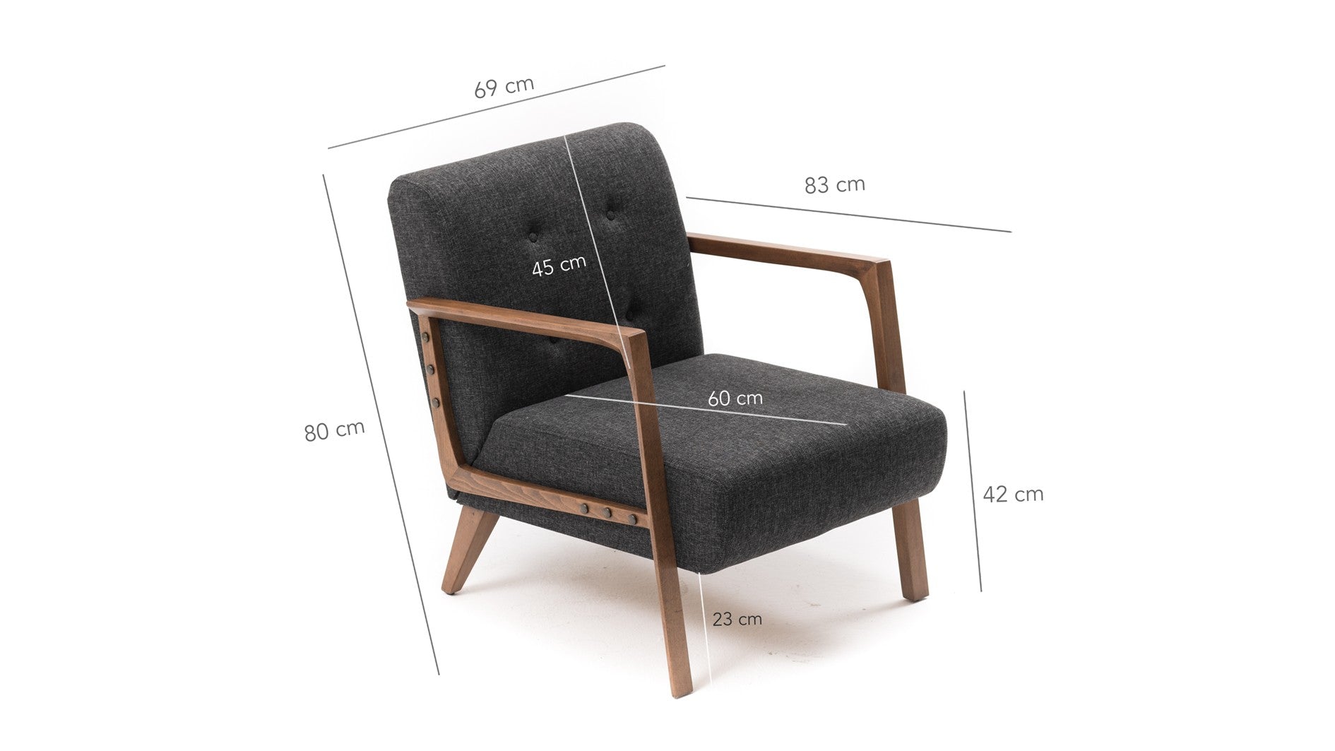Poltrona moderna – 69x80x83 cm – Cinza escuro – Estrutura de madeira de faia