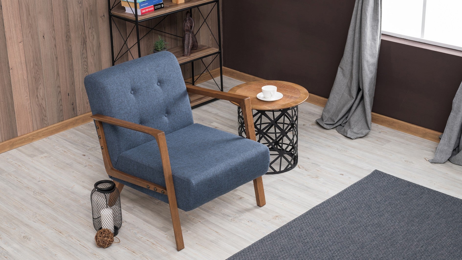 Poltrona moderna – 69x80x83 cm – azul – tecido 100% poliéster e pernas de madeira de faia