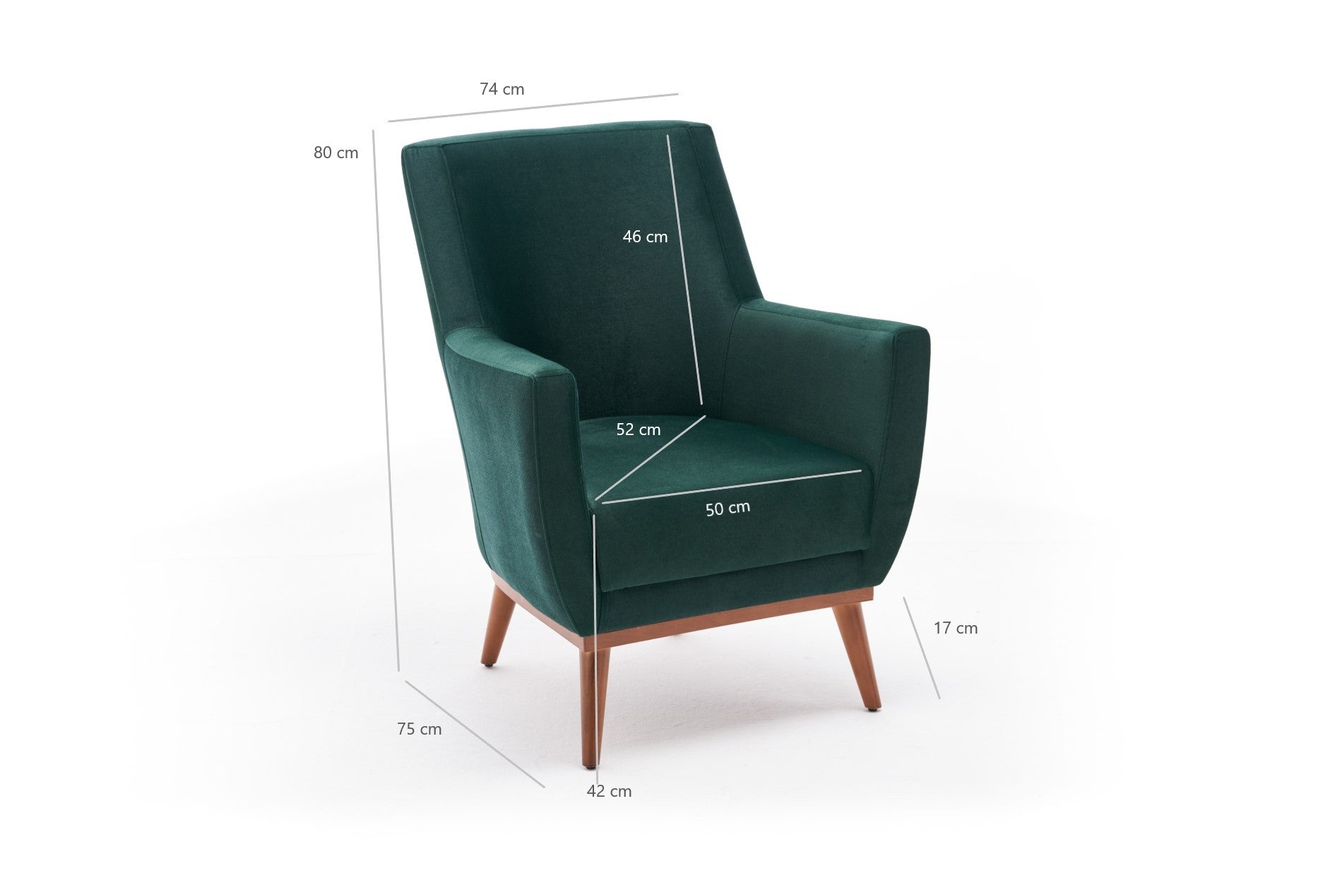 Poltrona Elegante Verde, Tecido de Veludo, Estrutura de Madeira de Carpa, 74x80x75 cm | Assento de Espuma DNS 32, Fácil de Limpar | Perfeita para Decoração Moderna de Casas e Hotéis