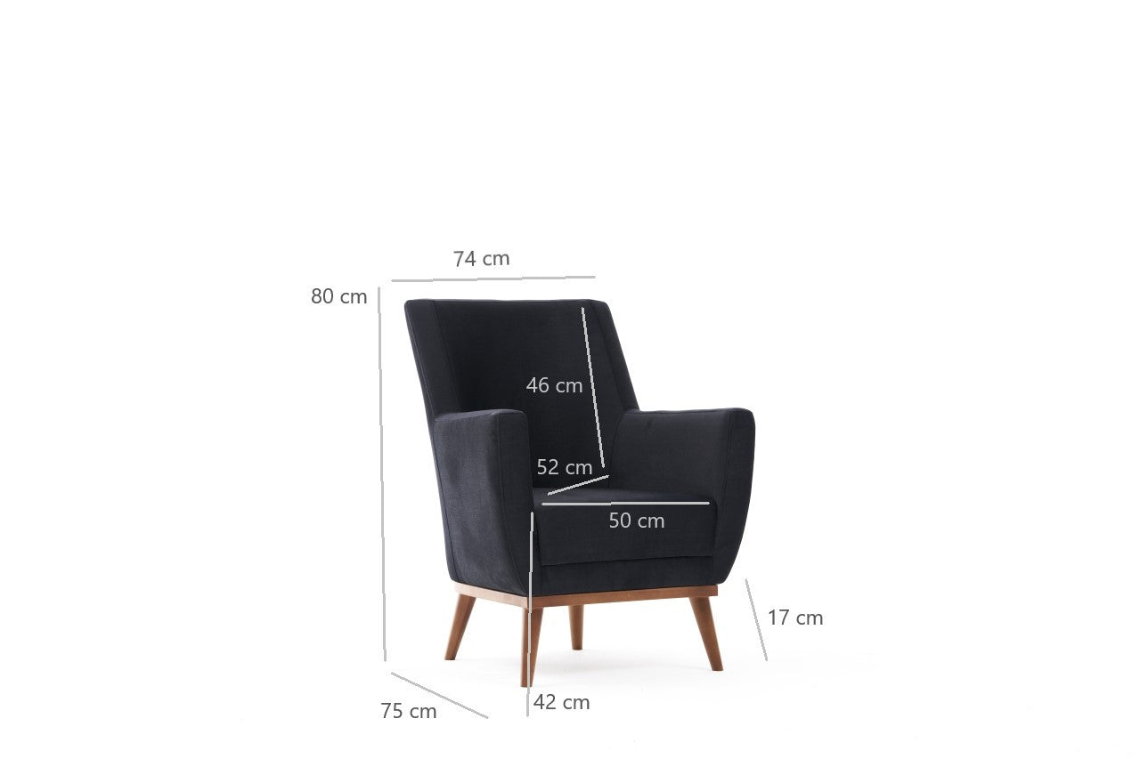Poltrona Elegante, Veludo Antracite, 74 x 80 x 75 cm | Estrutura de Carpa, Pernas de Madeira de Faia, Espuma DNS 32 | Design Escandinavo Moderno, Fácil de Limpar