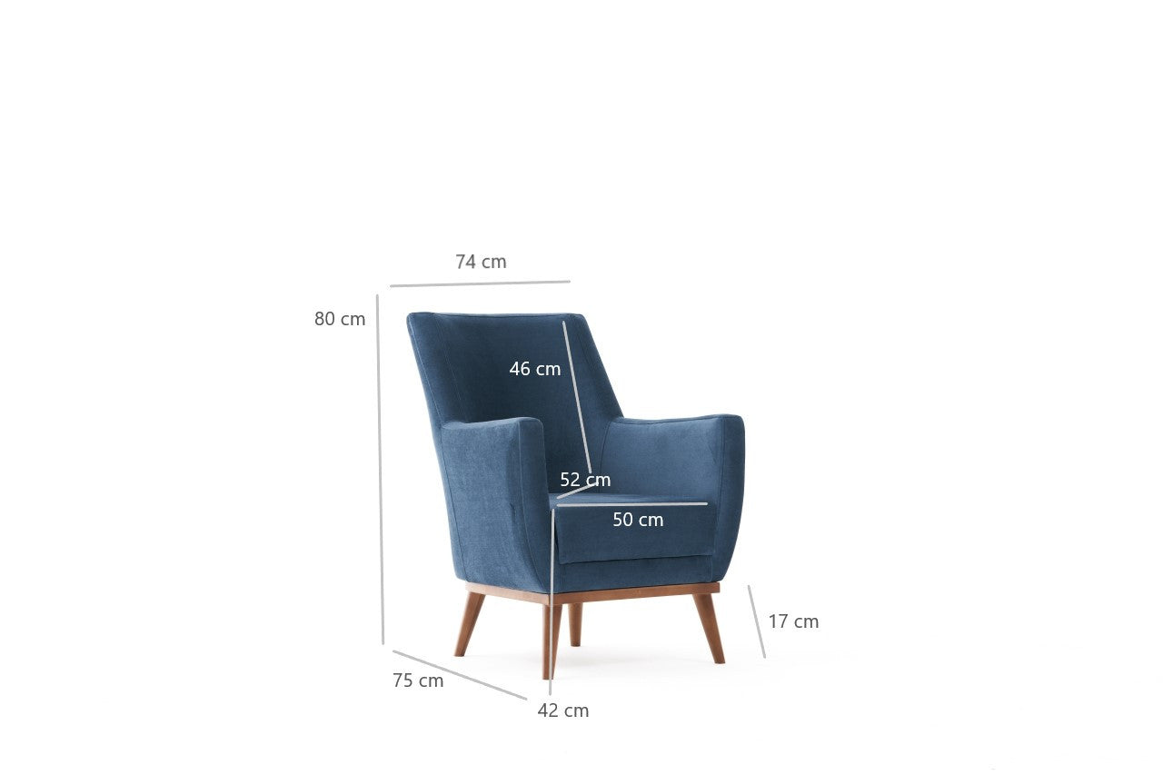 Poltrona Elegante Azul, Tecido de Veludo, Estrutura de Madeira de Carpa, 74 x 80 x 75 cm | Assento de Espuma DNS 32, Fácil de Limpar | Perfeita para Decoração Moderna e Escandinava