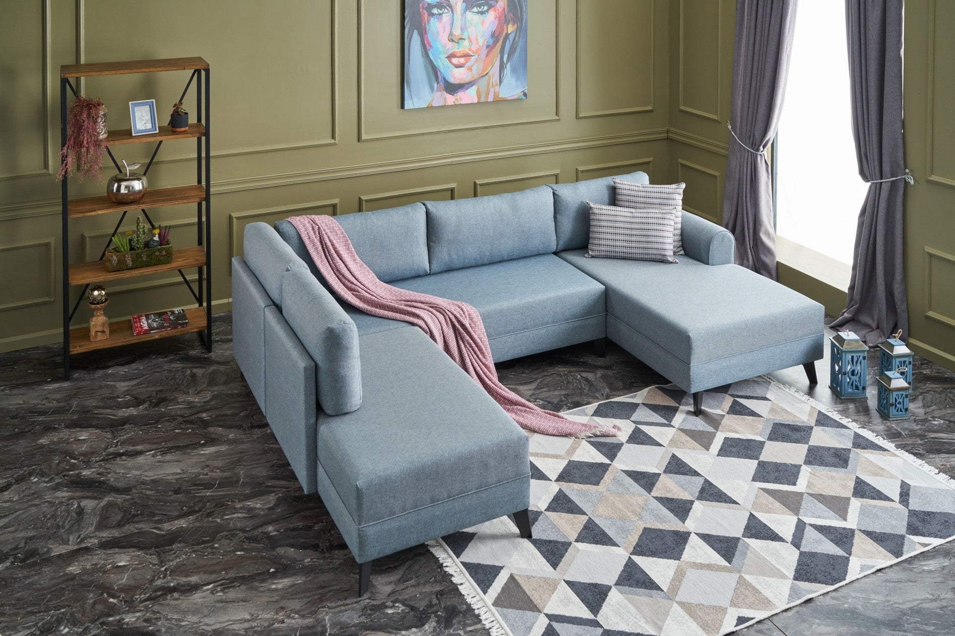 Sofá-cama de canto moderno – 300 cm – azul – madeira de abeto e tecido poliéster/linho