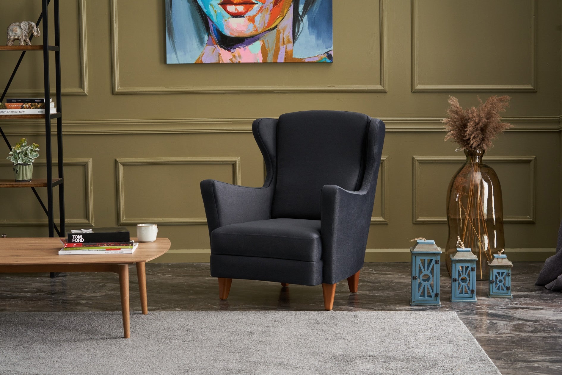 Poltrona Elegante – 77 cm L x 98 cm A x 80 cm P – Antracite – Veludo 100% poliéster