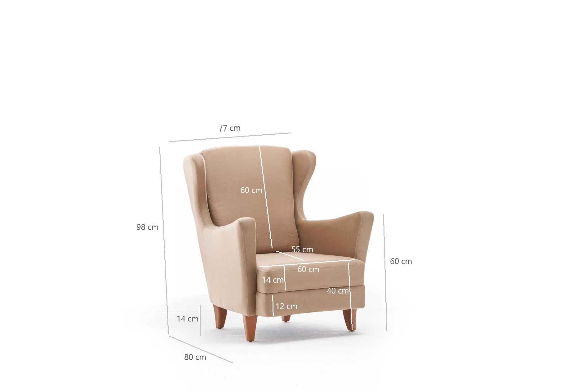 Poltrona Elegante – 77 cm L x 98 cm A x 80 cm P – Creme – Veludo 100% poliéster