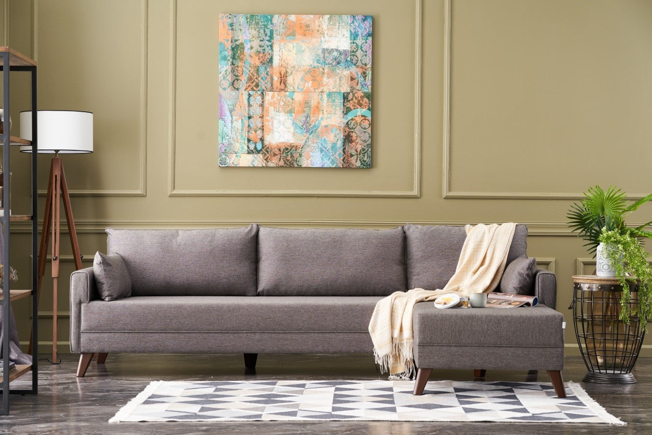 Sofá de canto moderno – 275 cm – Castanho – Madeira de abeto e MDF, 100% poliéster