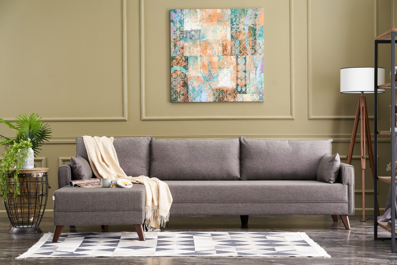 Sofá de canto moderno – 275 cm – castanho – madeira de abeto e MDF
