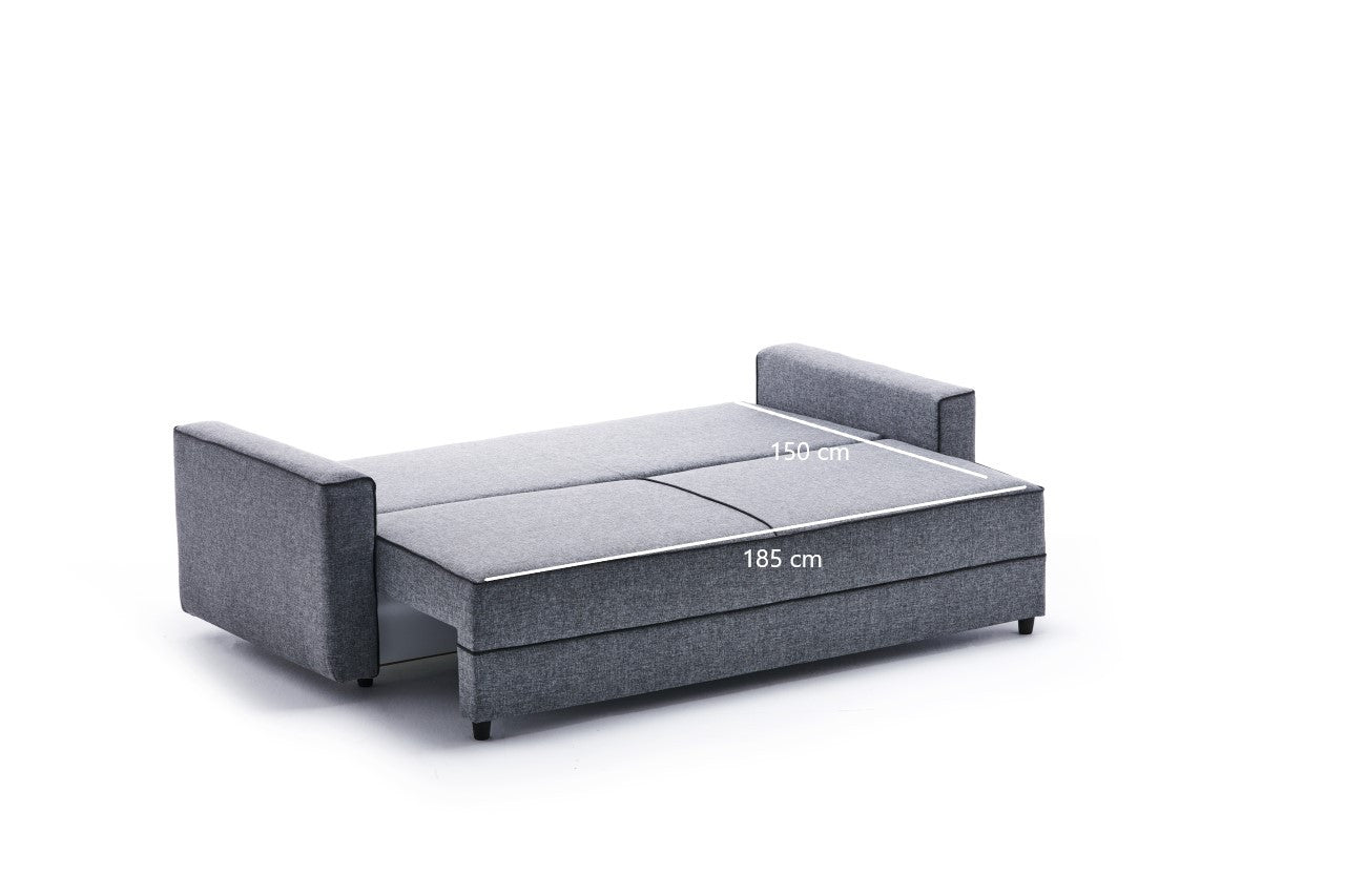 Sofá-cama moderno de 3 lugares, cinza, 215 cm | Estrutura em madeira de abeto e MDF, 100% poliéster, fácil de limpar | Converte-se em cama de 185 x 150 cm, design elegante e funcional