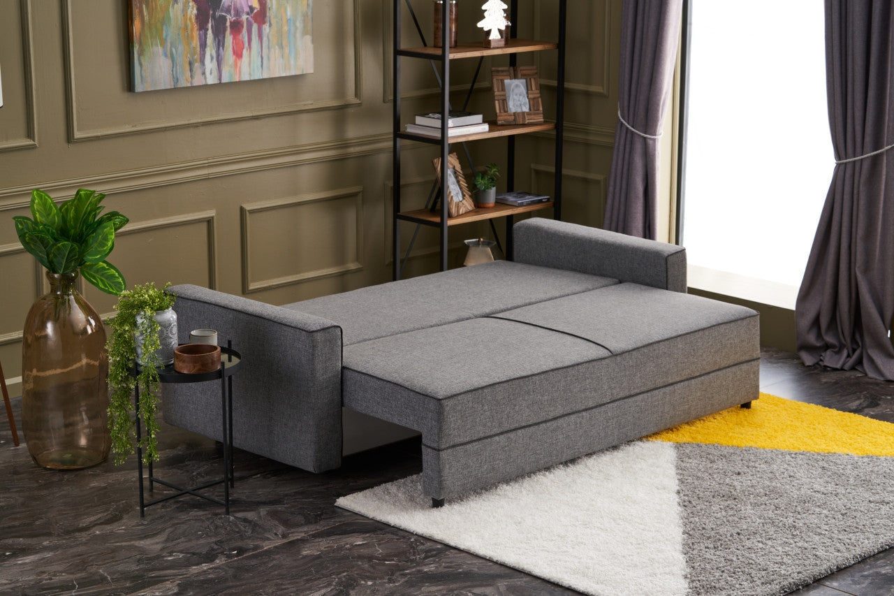 Sofá-cama moderno de 3 lugares, cinza, 215 cm | Estrutura em madeira de abeto e MDF, 100% poliéster, fácil de limpar | Converte-se em cama de 185 x 150 cm, design elegante e funcional