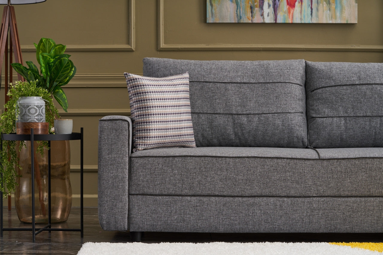 Sofá-cama moderno de 3 lugares, cinza, 215 cm | Estrutura em madeira de abeto e MDF, 100% poliéster, fácil de limpar | Converte-se em cama de 185 x 150 cm, design elegante e funcional