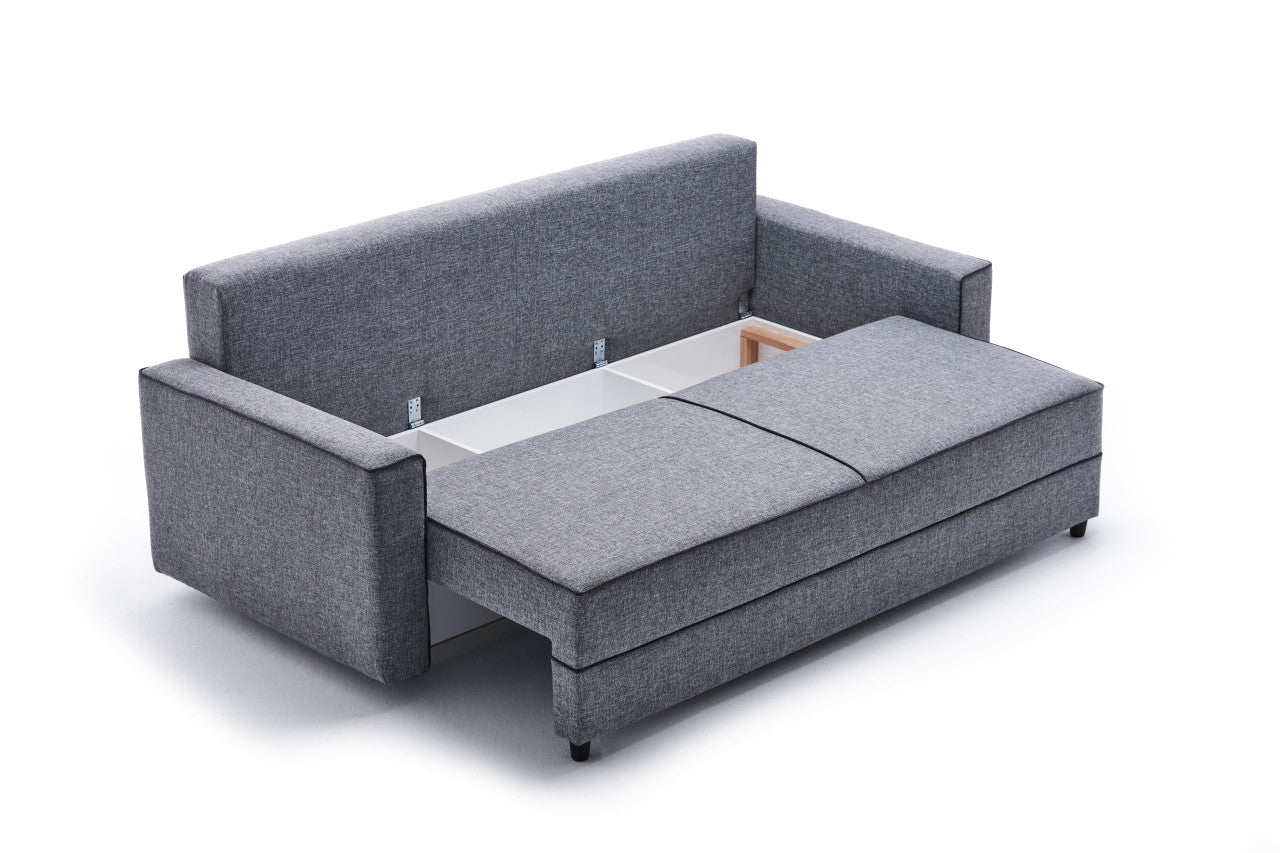 Sofá-cama moderno de 3 lugares, cinza, 215 cm | Estrutura em madeira de abeto e MDF, 100% poliéster, fácil de limpar | Converte-se em cama de 185 x 150 cm, design elegante e funcional