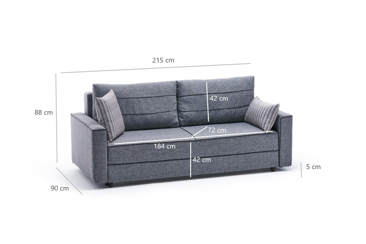 Sofá-cama moderno de 3 lugares, cinza, 215 cm | Estrutura em madeira de abeto e MDF, 100% poliéster, fácil de limpar | Converte-se em cama de 185 x 150 cm, design elegante e funcional
