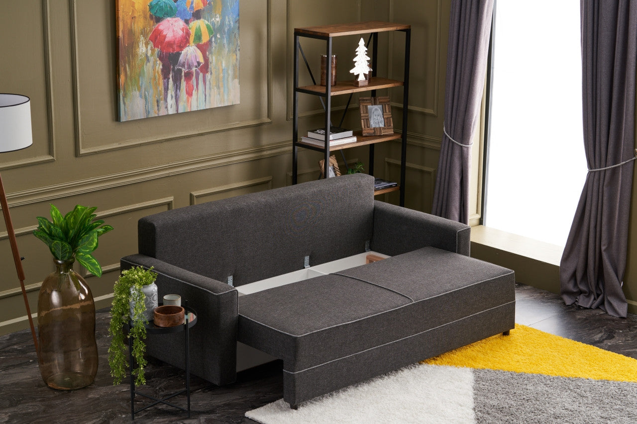 Sofá-cama moderno de 3 lugares, antracite, 215 cm | Estrutura em madeira de abeto e MDF, 100% poliéster, fácil de limpar | Perfeito para decoração residencial, hoteleira e escandinava