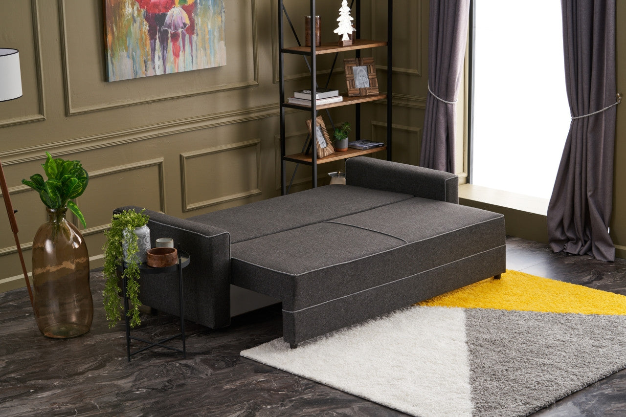 Sofá-cama moderno de 3 lugares, antracite, 215 cm | Estrutura em madeira de abeto e MDF, 100% poliéster, fácil de limpar | Perfeito para decoração residencial, hoteleira e escandinava