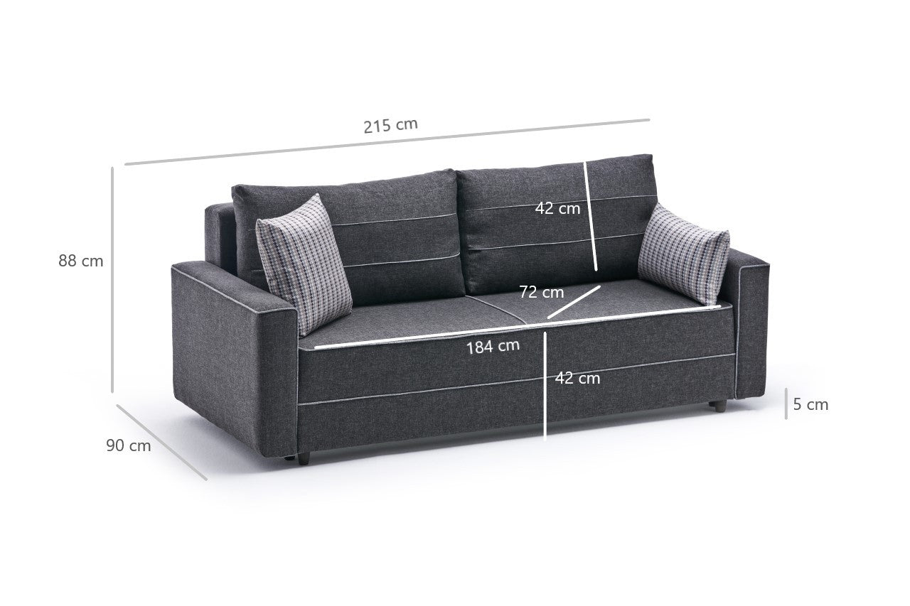 Sofá-cama moderno de 3 lugares, antracite, 215 cm | Estrutura em madeira de abeto e MDF, 100% poliéster, fácil de limpar | Perfeito para decoração residencial, hoteleira e escandinava