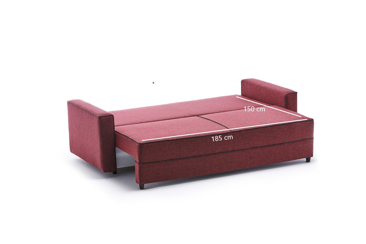 Sofá-cama vermelho Claret de 3 lugares, 215 cm | Estrutura em madeira de abeto e MDF, 100% poliéster | Fácil de limpar, design moderno, perfeito para uso doméstico e em hotéis