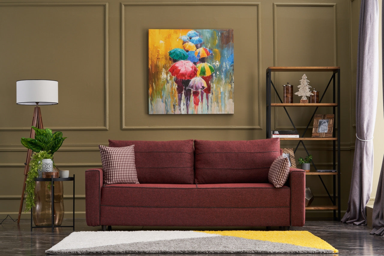 Sofá-cama vermelho Claret de 3 lugares, 215 cm | Estrutura em madeira de abeto e MDF, 100% poliéster | Fácil de limpar, design moderno, perfeito para uso doméstico e em hotéis