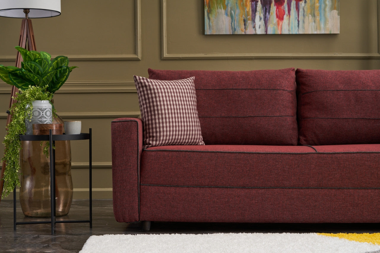Sofá-cama vermelho Claret de 3 lugares, 215 cm | Estrutura em madeira de abeto e MDF, 100% poliéster | Fácil de limpar, design moderno, perfeito para uso doméstico e em hotéis
