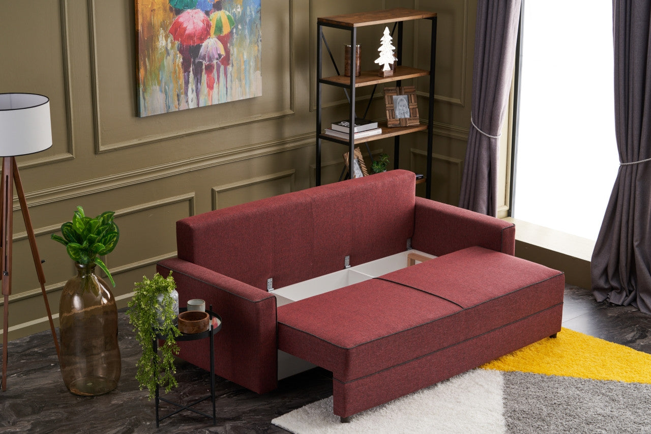 Sofá-cama vermelho Claret de 3 lugares, 215 cm | Estrutura em madeira de abeto e MDF, 100% poliéster | Fácil de limpar, design moderno, perfeito para uso doméstico e em hotéis