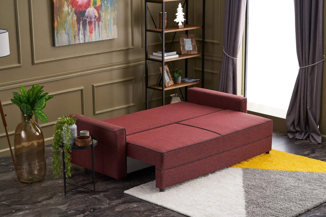 Sofá-cama vermelho Claret de 3 lugares, 215 cm | Estrutura em madeira de abeto e MDF, 100% poliéster | Fácil de limpar, design moderno, perfeito para uso doméstico e em hotéis