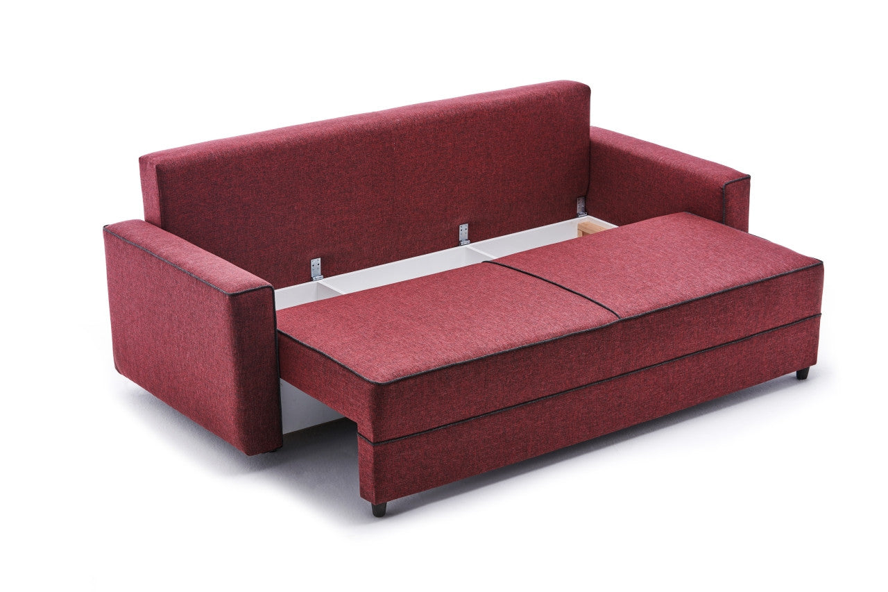 Sofá-cama vermelho Claret de 3 lugares, 215 cm | Estrutura em madeira de abeto e MDF, 100% poliéster | Fácil de limpar, design moderno, perfeito para uso doméstico e em hotéis