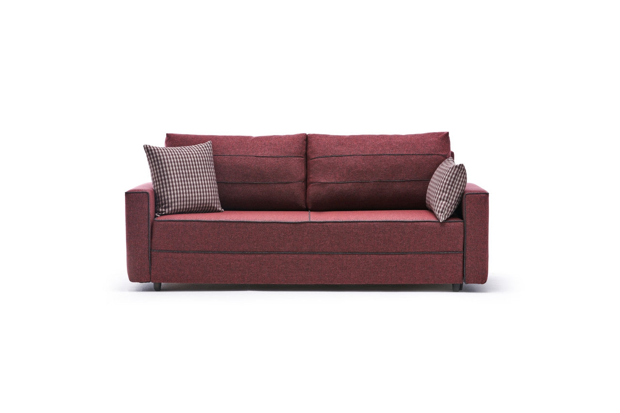 Sofá-cama vermelho Claret de 3 lugares, 215 cm | Estrutura em madeira de abeto e MDF, 100% poliéster | Fácil de limpar, design moderno, perfeito para uso doméstico e em hotéis