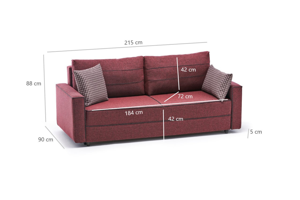 Sofá-cama vermelho Claret de 3 lugares, 215 cm | Estrutura em madeira de abeto e MDF, 100% poliéster | Fácil de limpar, design moderno, perfeito para uso doméstico e em hotéis