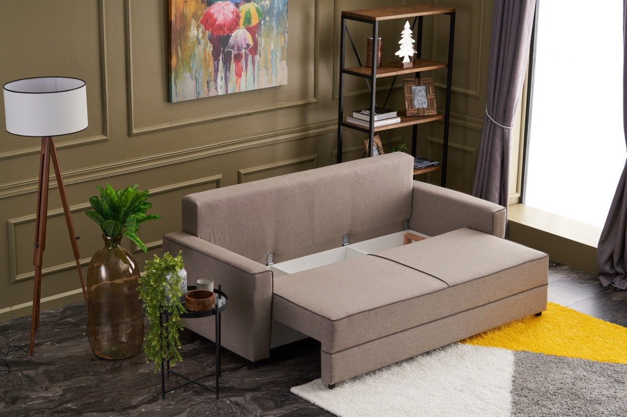 Sofá-cama moderno de 3 lugares, creme, 215 cm | Estrutura em madeira de abeto e MDF, 100% poliéster, fácil de limpar | Converte-se em cama de 185 x 150 cm, design escandinavo