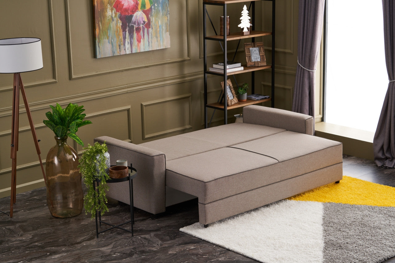 Sofá-cama moderno de 3 lugares, creme, 215 cm | Estrutura em madeira de abeto e MDF, 100% poliéster, fácil de limpar | Converte-se em cama de 185 x 150 cm, design escandinavo