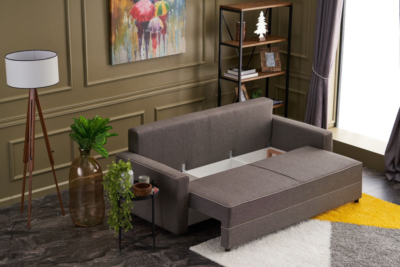 Sofá-cama moderno de 3 lugares, marrom, 215 cm | Estrutura em madeira de abeto e MDF, 100% poliéster, fácil de limpar | Converte-se em cama de 185 x 150 cm, design elegante e funcional