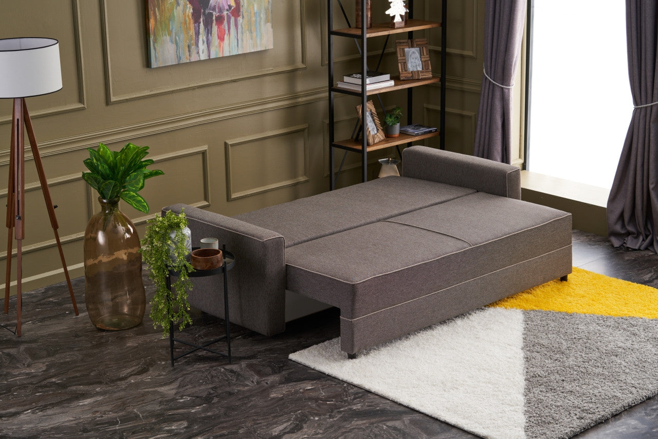 Sofá-cama moderno de 3 lugares, marrom, 215 cm | Estrutura em madeira de abeto e MDF, 100% poliéster, fácil de limpar | Converte-se em cama de 185 x 150 cm, design elegante e funcional