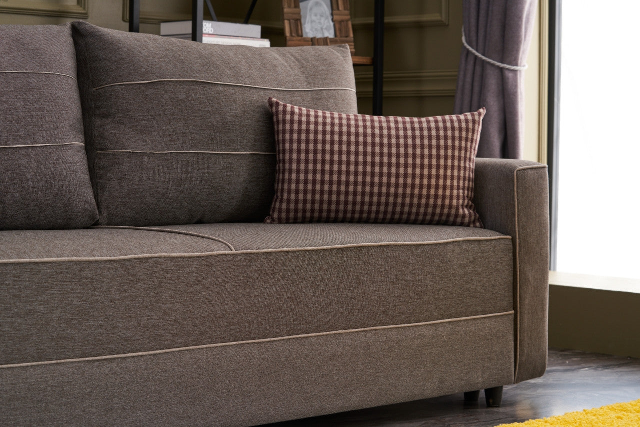 Sofá-cama moderno de 3 lugares, marrom, 215 cm | Estrutura em madeira de abeto e MDF, 100% poliéster, fácil de limpar | Converte-se em cama de 185 x 150 cm, design elegante e funcional