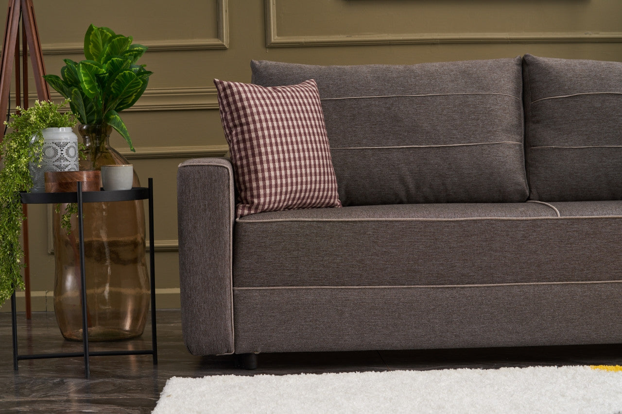 Sofá-cama moderno de 3 lugares, marrom, 215 cm | Estrutura em madeira de abeto e MDF, 100% poliéster, fácil de limpar | Converte-se em cama de 185 x 150 cm, design elegante e funcional