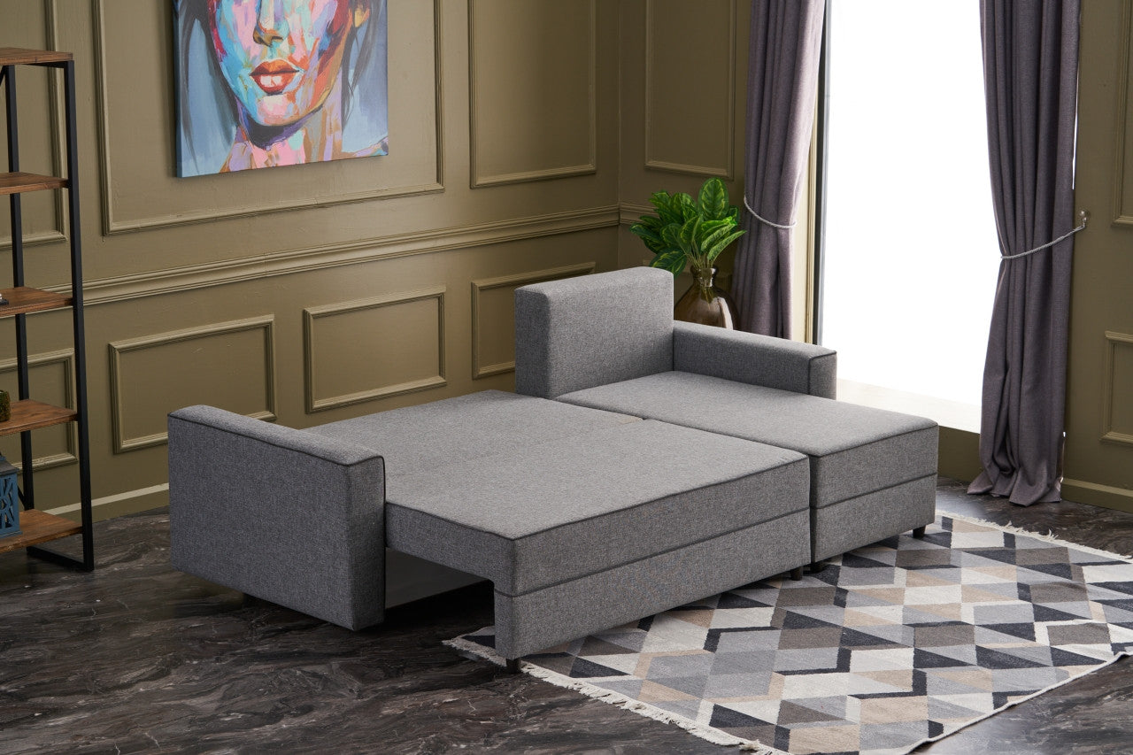 Sofá-cama de canto moderno, cinza, 242 cm | Estrutura em madeira de abeto e MDF, 100% poliéster, fácil de limpar | Tamanho da cama: 200 x 150 cm, design escandinavo elegante