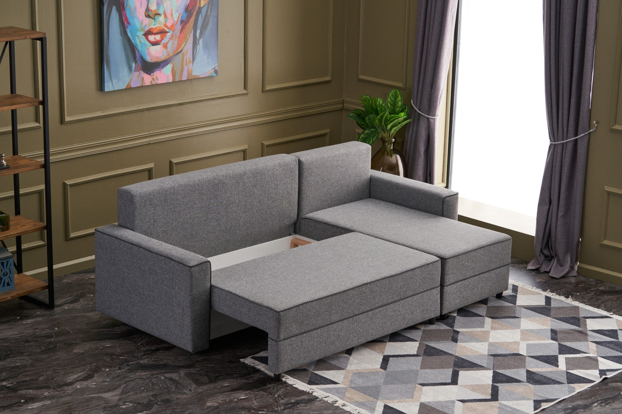 Sofá-cama de canto moderno, cinza, 242 cm | Estrutura em madeira de abeto e MDF, 100% poliéster, fácil de limpar | Tamanho da cama: 200 x 150 cm, design escandinavo elegante