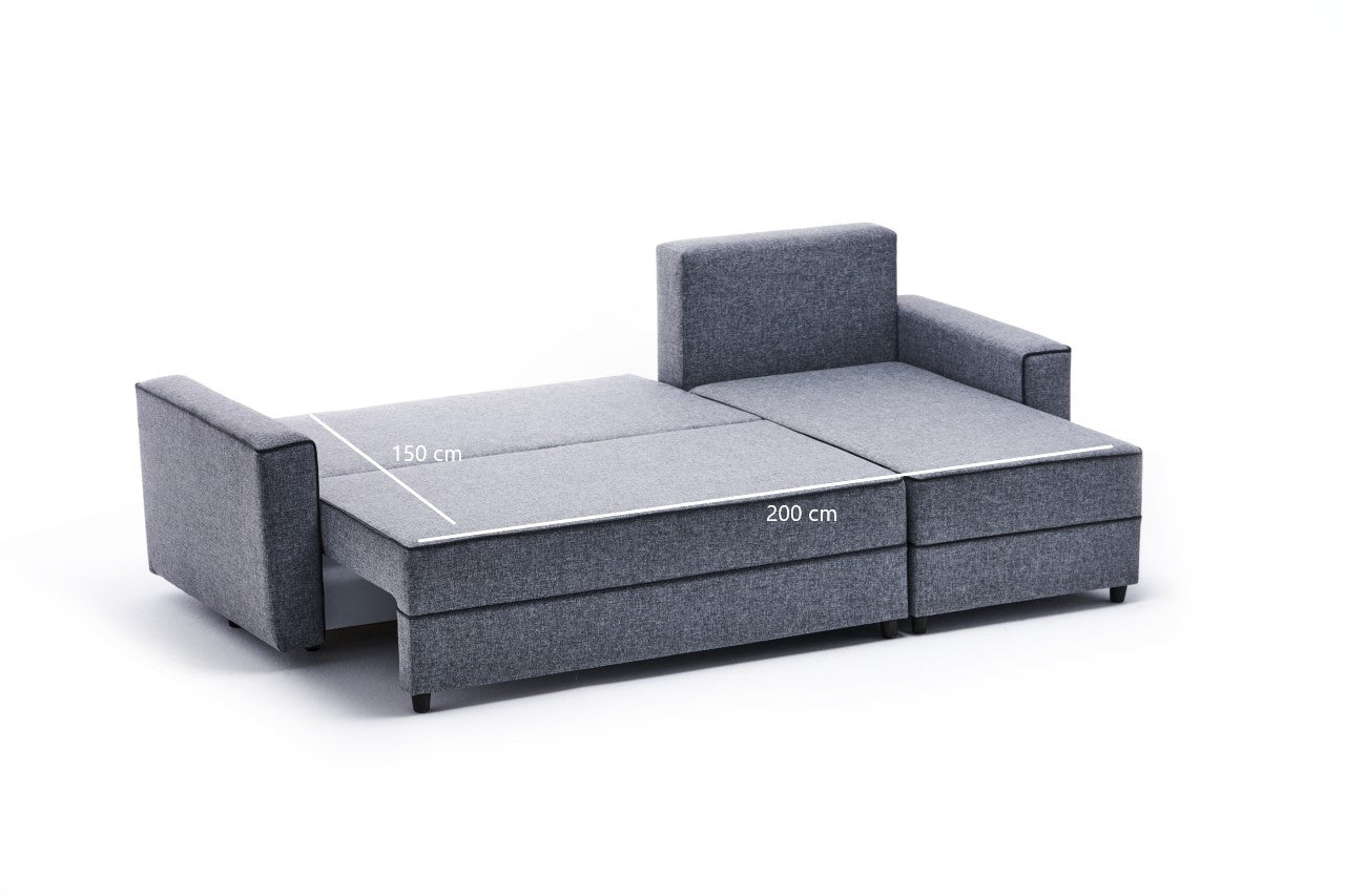 Sofá-cama de canto moderno, cinza, 242 cm | Estrutura em madeira de abeto e MDF, 100% poliéster, fácil de limpar | Tamanho da cama: 200 x 150 cm, design escandinavo elegante