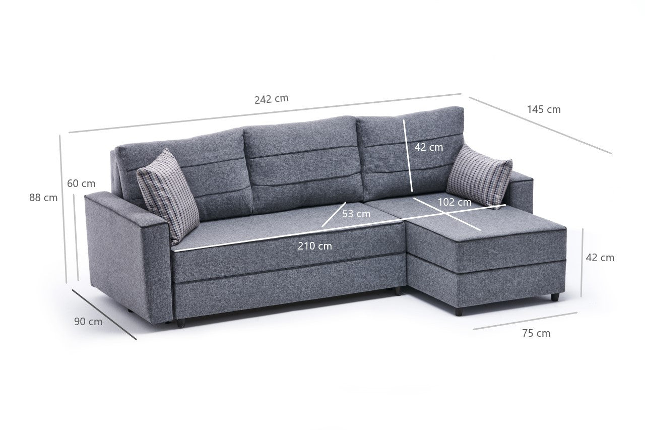 Sofá-cama de canto moderno, cinza, 242 cm | Estrutura em madeira de abeto e MDF, 100% poliéster, fácil de limpar | Tamanho da cama: 200 x 150 cm, design escandinavo elegante