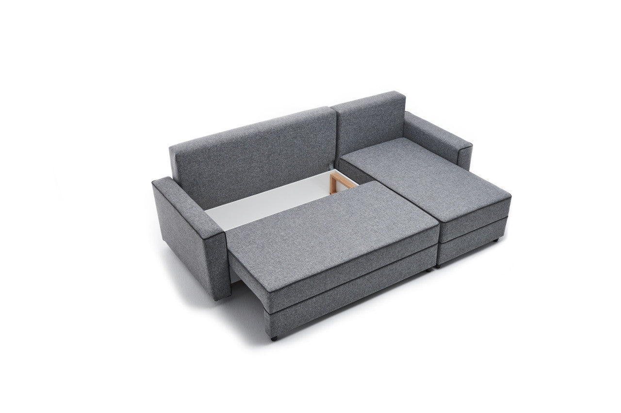 Sofá-cama de canto moderno, cinza, 242 cm | Estrutura em madeira de abeto e MDF, 100% poliéster, fácil de limpar | Tamanho da cama: 200 x 150 cm, design escandinavo elegante
