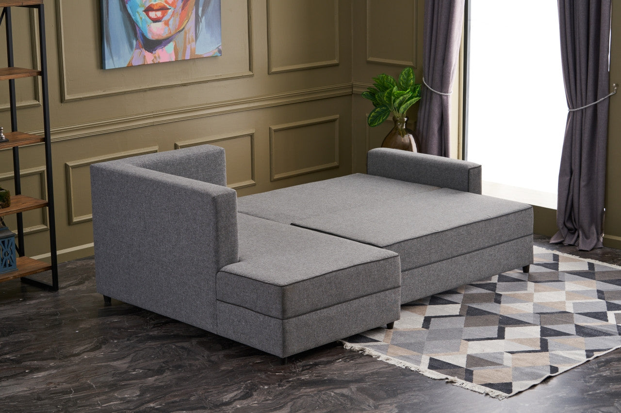 Sofá-cama de canto moderno, cinza, 242 cm | Estrutura em madeira de abeto e MDF, 100% poliéster, fácil de limpar | Tamanho da cama: 200 x 150 cm, design escandinavo elegante