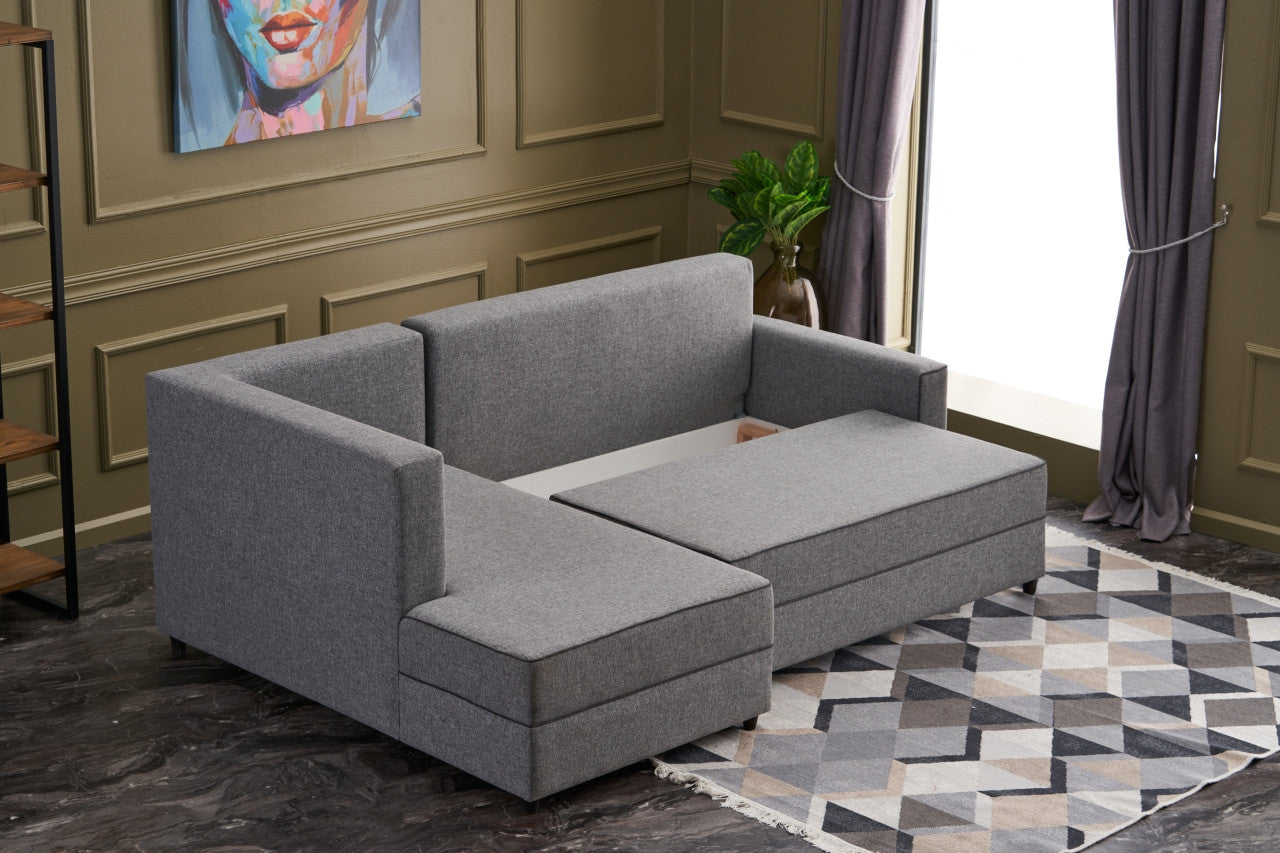 Sofá-cama de canto moderno, cinza, 242 cm | Estrutura em madeira de abeto e MDF, 100% poliéster, fácil de limpar | Tamanho da cama: 200 x 150 cm, design escandinavo elegante