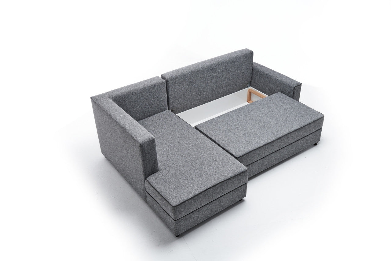 Sofá-cama de canto moderno, cinza, 242 cm | Estrutura em madeira de abeto e MDF, 100% poliéster, fácil de limpar | Tamanho da cama: 200 x 150 cm, design escandinavo elegante