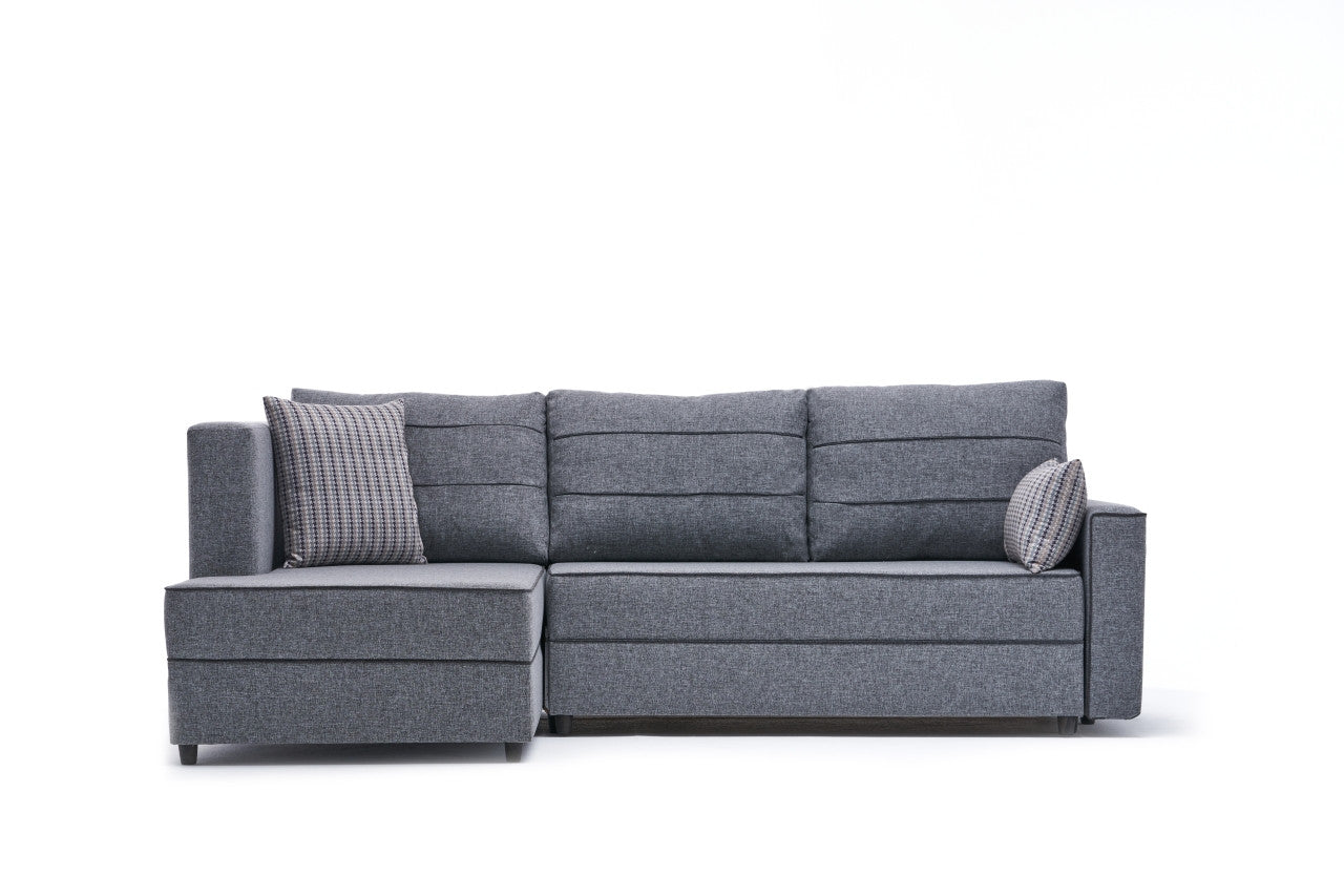 Sofá-cama de canto moderno, cinza, 242 cm | Estrutura em madeira de abeto e MDF, 100% poliéster, fácil de limpar | Tamanho da cama: 200 x 150 cm, design escandinavo elegante